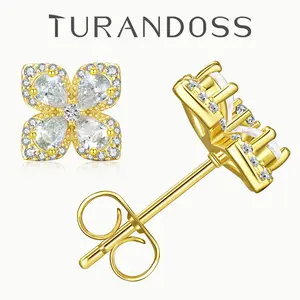 Turandoss Lucky 4-Leaf Clover Stud Earrings, 14K Gold Plated S925 CZ | Valentine’s Gift