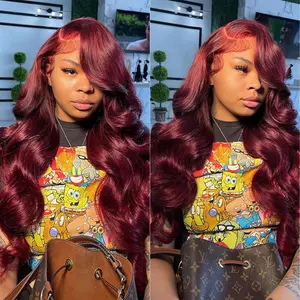 30inch 99j Burgundy Lace Front Wigs Human Hair Glueless Red Colored Body Wave Wigs Pre Plucked with Baby Hair 180% Density 13x4 HD Transparent Frontal Wig