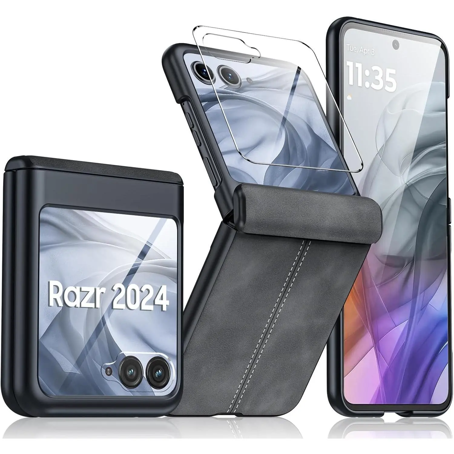 Oupeigar Flip Cover for Razr2024/Razr2025/Razr2026 Razr Series, Ultra-Thin PU Leather & Matte PC Shockproof Case with Built-In Screen Protector, Hinge Protection (Black Gray),summerwins summerwins Cellphone Casing