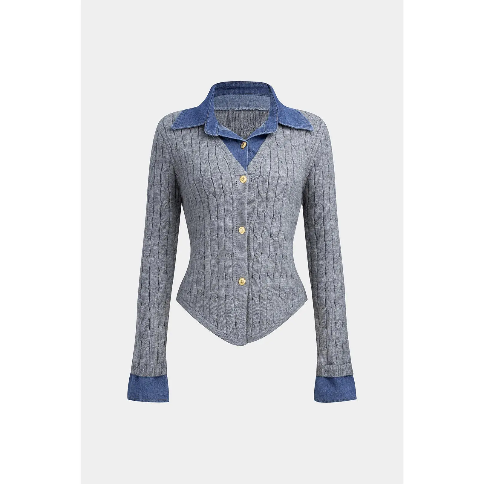 Women's Fitted Cable-Knit Patchwork Denim Button Pullover Knitwear - Polyester Long Sleeve, Business Casual Office Wear