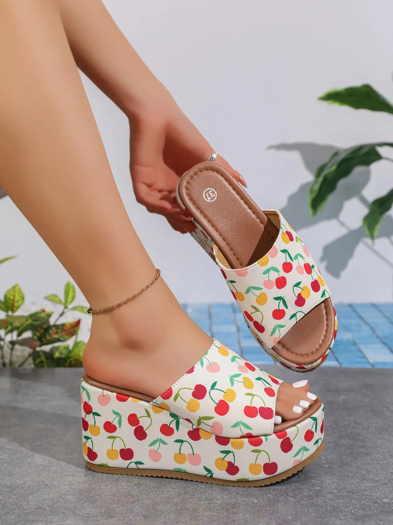 Women's Thick Sole Cherry Sandals, 9cm Heel Summer Fashion, Stylish, Dressy Heeled Sandals, Breathable High-Heeled Slippers, Comfortable All-Day Wear, Back-To-School, Valentine's Day, Wedding Season
