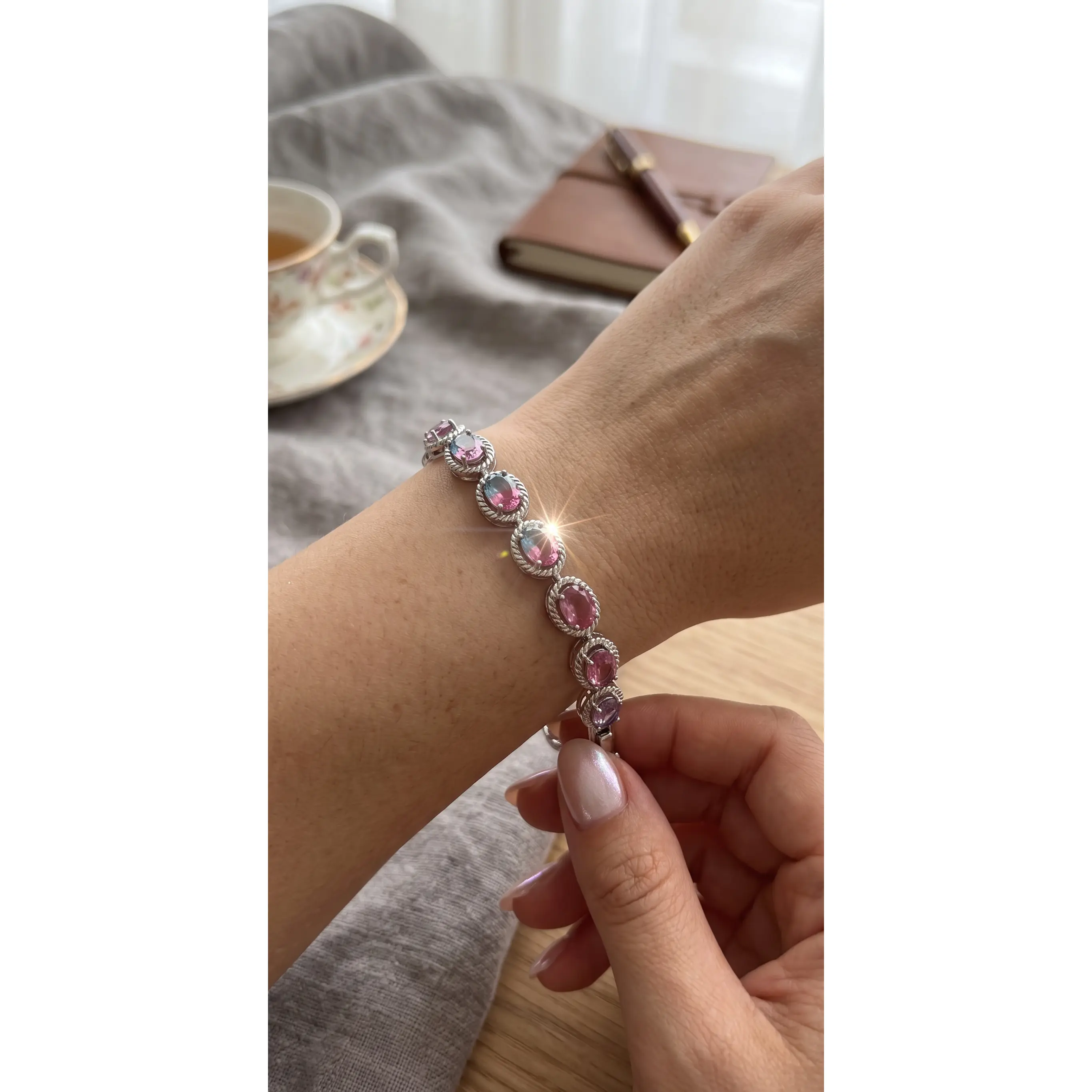 Pink Oval Crystal Rope Halo Bracelet – Silver Tone Statement Bracelet, Gift Ready 7078