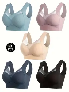 5-Pack JOINBUY Women'S Seamless Sports Bras - Elegant Full Cup Breathable Lace V-Neck, Non-Removable Pads, Soft Comfort Fit Medium Support for Yoga & Year-Round Wear, Casual Lingerie Tops for Daily Comfort