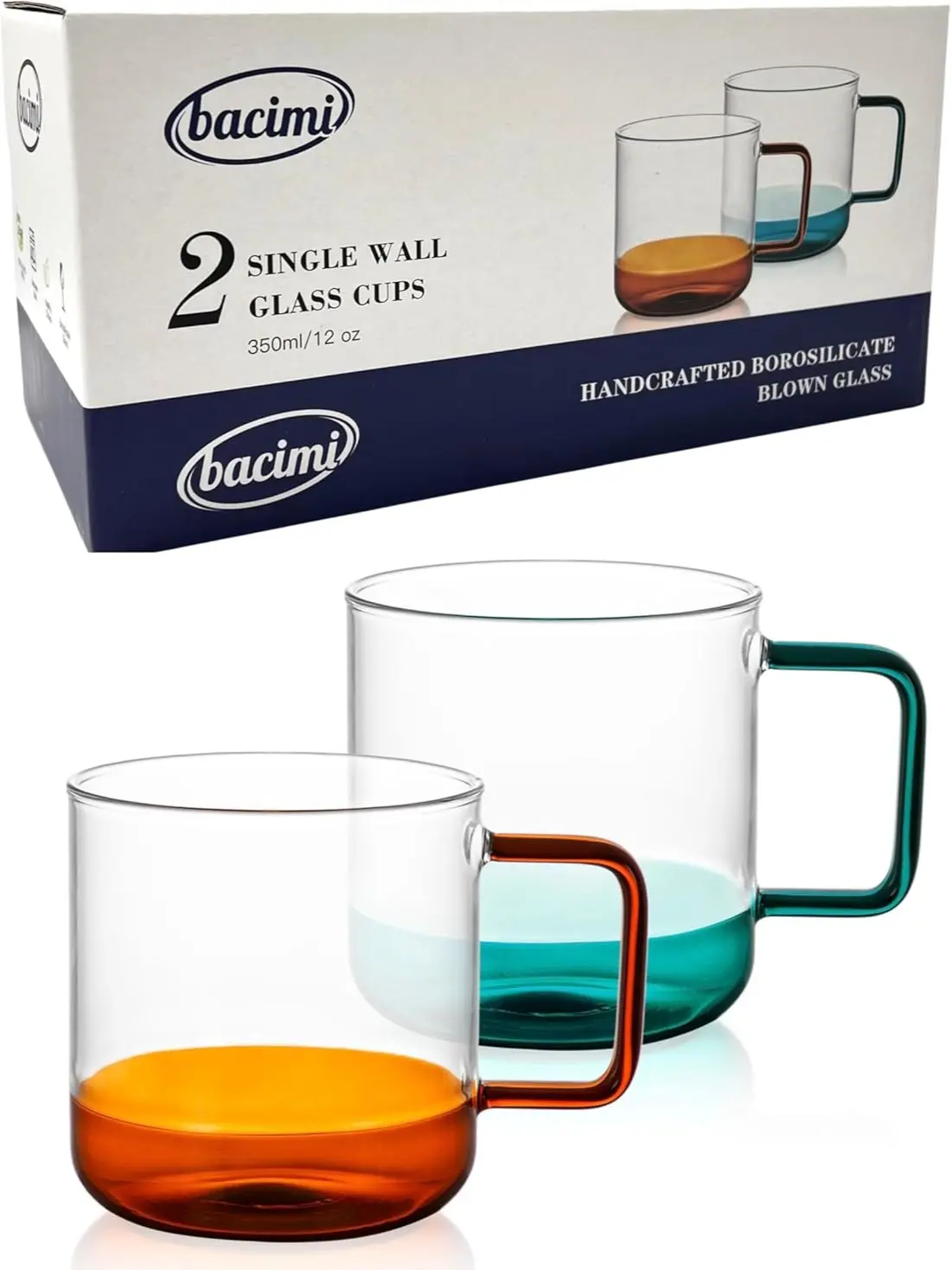 Bacimi Clear Coffee Cups with Colorful Handles - Set of 2 / 12oz - Borosilicate Glass Mugs for Cappuccino, Tea, Latte, Coffee & Hot Beverage - Drinking Cups - Microwave Safe