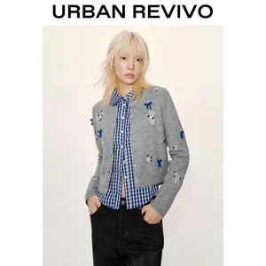 URBAN REVIVO Women's Elegant Knitting Cardigan Top - Longsleeves, Bow-Embellished, Casual Womenswear, UYY950136