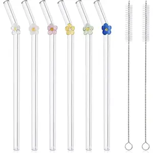 6 Pack Reusable Glass Straws, 7.9"×8mm Cute Colorful Flower Shatter Resistant, With 2 Cleaning Brushes Dishwasher Safe for Smoothies, Milkshakes, Juices, Teas