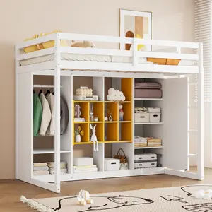 Twin Size Loft Bed Frame with Wardrobe, Storage Shelves and  Cabinet, Solid Wood Loft Bed Frame