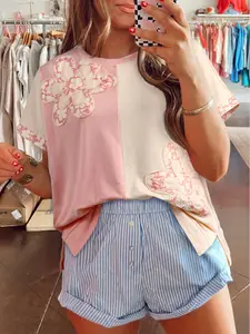 Women's Apricot Color Block Flower Patched Loose T-Shirts, Casual Everyday Floral Tees for Women, Cute Preppy Flowy Summer Tops, Chic Basic Cotton-Blend Pullovers, Short Sleeve Patchwork Aesthetic Shirts Apparel