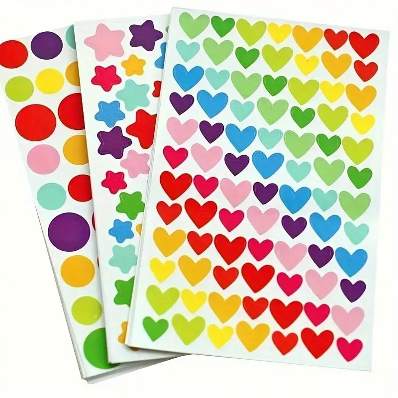 18 sheets, 18 Sheets Colorful Heart, Star, and Dot Stickers Kit, Sticker Set, DIY Decorative Stickers for Scrapbooking and Crafts (1512 Count, Glossy Finish, Single Use)