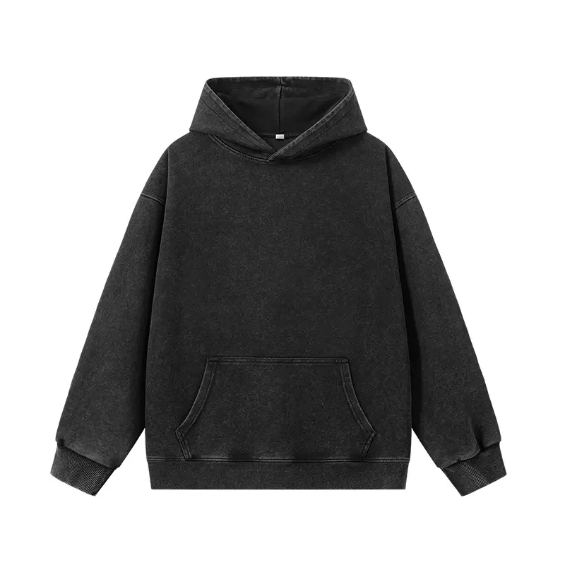 Men’s vintage washed solid-color pullover hoodie, soft heavyweight washed cotton loose-fit hooded sweatshirt with a large front pocket, casual basic streetwear hoodie for everyday wear