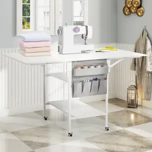 40.6" Folding Craft Table, Movable Sewing Table With 2 Shelves & Side Pocket, Height Adjustable Indoor Folding Table For Craft Room with Lockable Wheels, White