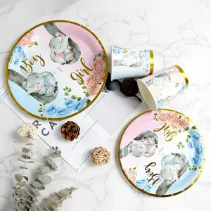 Boys and Girls Disposable Elephant Dinnerware Set Event Tableware Sets Gender Reveal Baby Shower Paper Plate Cup Serves 20
