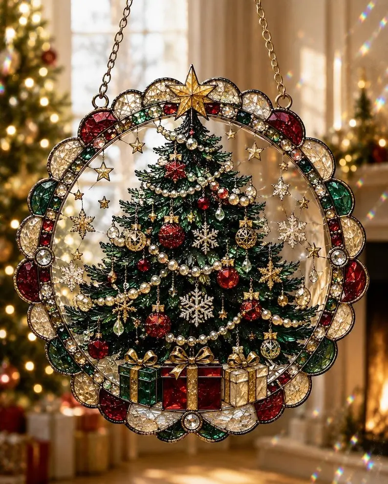 Festive Christmas window hanging, decorated tree suncatcher with holly, ornaments and presents
