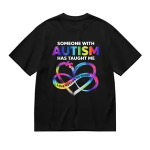 Someone with Autism Taught Me Graphic T-Shirt - Autism Awareness Puzzle Piece & Heart Design Loose Fit Round Neck Tee for Men & Women, All-Season Casual & Outdoor Wear, Autism Support Appar
