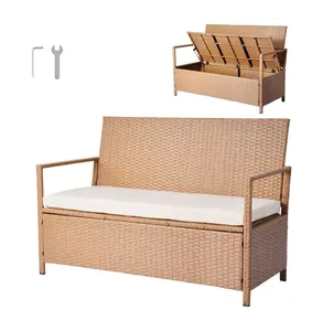 Outdoor Storage Bench, 2-Person PE Rattan Deck Box, 70 Gal, with Cushion, Supports 265 lbs, Weatherproof Patio Furniture for Garden, Balcony, Yard Default
