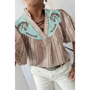 Western Pony Embroidered Yoke Puff Sleeve Gingham Blouse