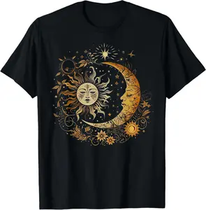 100% Cotton Vintage Celestial Sun Moon Flower Astrology Moon Phases T-Shirt