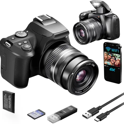 Beginner 4K HD Digital Camera - 64MP Auto Focus 1/1.8-inch CMOS Sensor, 10X Optical Zoom, Built-in USB/WiFi, Webcam Function, Time Lapse, 2 Batteries, 32GB Micro SD Card, USB Card Reader, Charging Stand, Compact Travel Camera (Gift Option)