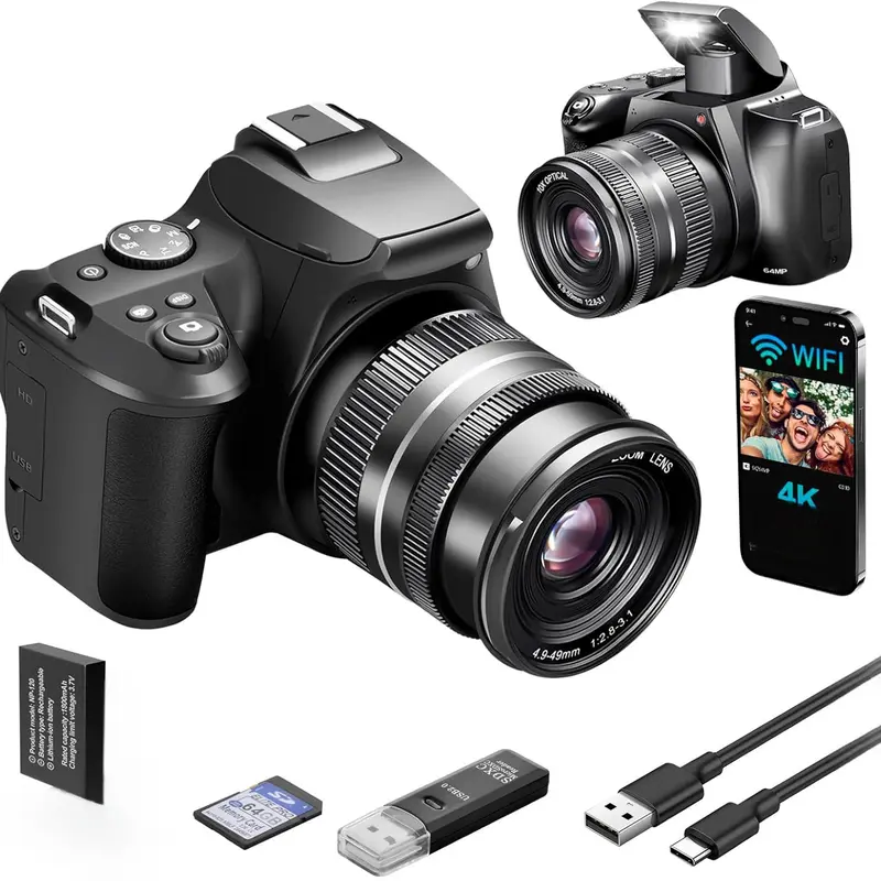 Beginner 4K HD Digital Camera - 64MP Auto Focus 1/1.8-inch CMOS Sensor, 10X Optical Zoom, Built-in USB/WiFi, Webcam Function, Time Lapse, 2 Batteries, 32GB Micro SD Card, USB Card Reader, Charging Stand, Compact Travel Camera (Gift Option)