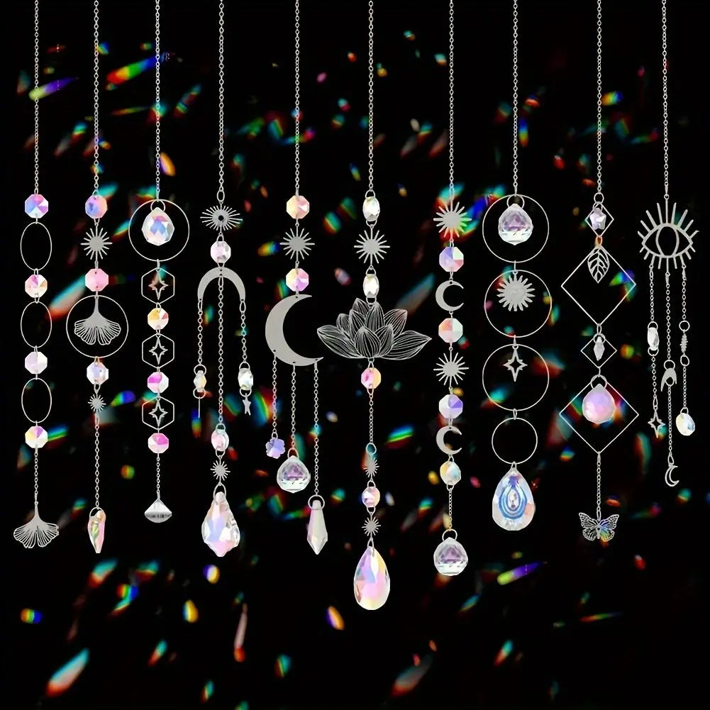 Colorful Crystal Suncatcher with Chain Pendant, 10pcs/set Hanging Crystal Prism Rainbow Maker for Windows Indoor Outdoor Car Mirror Garden Decor Sunny