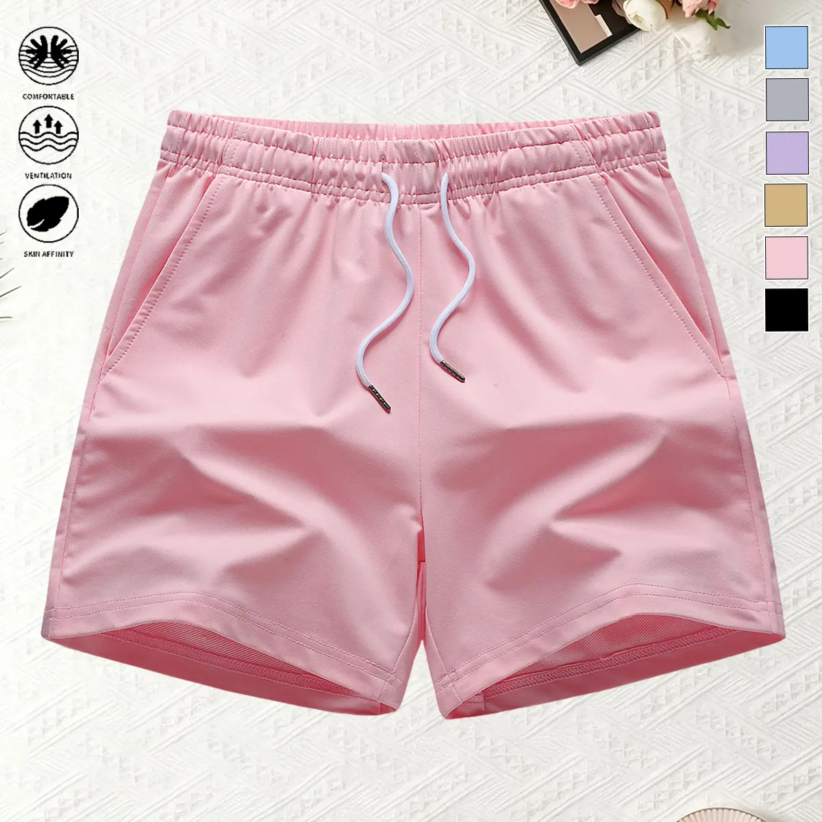 Women's Casual Summer Shorts with Pockets and Drawstring Waist, Solid Color for Gym Workouts and Outdoor Activities, Bottoms, Short Pants, Polyester