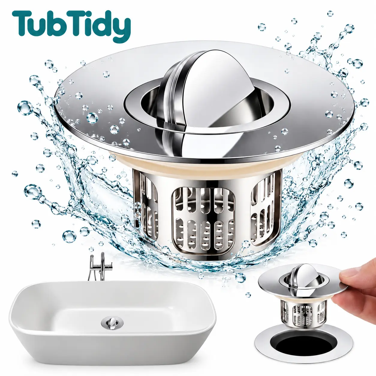 Tub Tidy Stainless Steel Silver Flip-Cover Bathtub Drain Stopper with Removable Hair Catcher Basket, Springless Design, Flush-Fit Cover, Easy Installation & Cleaning