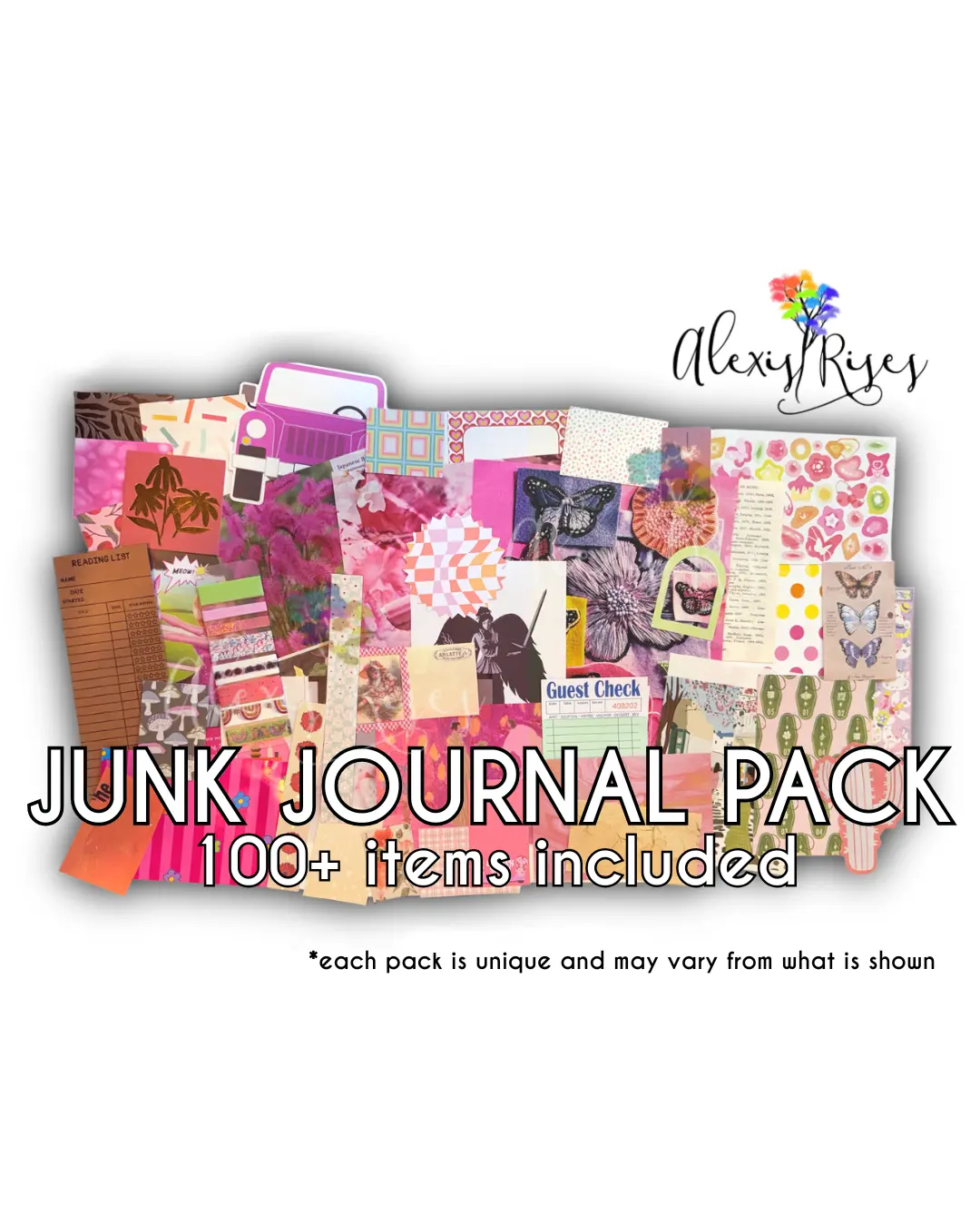 Alexis Rises - Junk Journal Pack with 100+ Items Including Paper Scraps, Stickers, and Washi Tape for Scrapbooking, Junk Journaling, Crafting