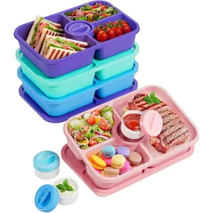 4 Pcs Bento Snack Box Containers, 4 Compartment Divided Stackable Containers with Lids, Meal Prep Container with Sauce Cups