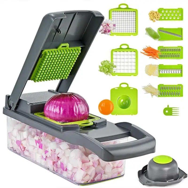 ANSQU Plastic Multipurpose Chopper for Fruits, Vegetables, Grater, Peeler, Chipper & Dicer - Durable Kitchen Tool with Green Handle