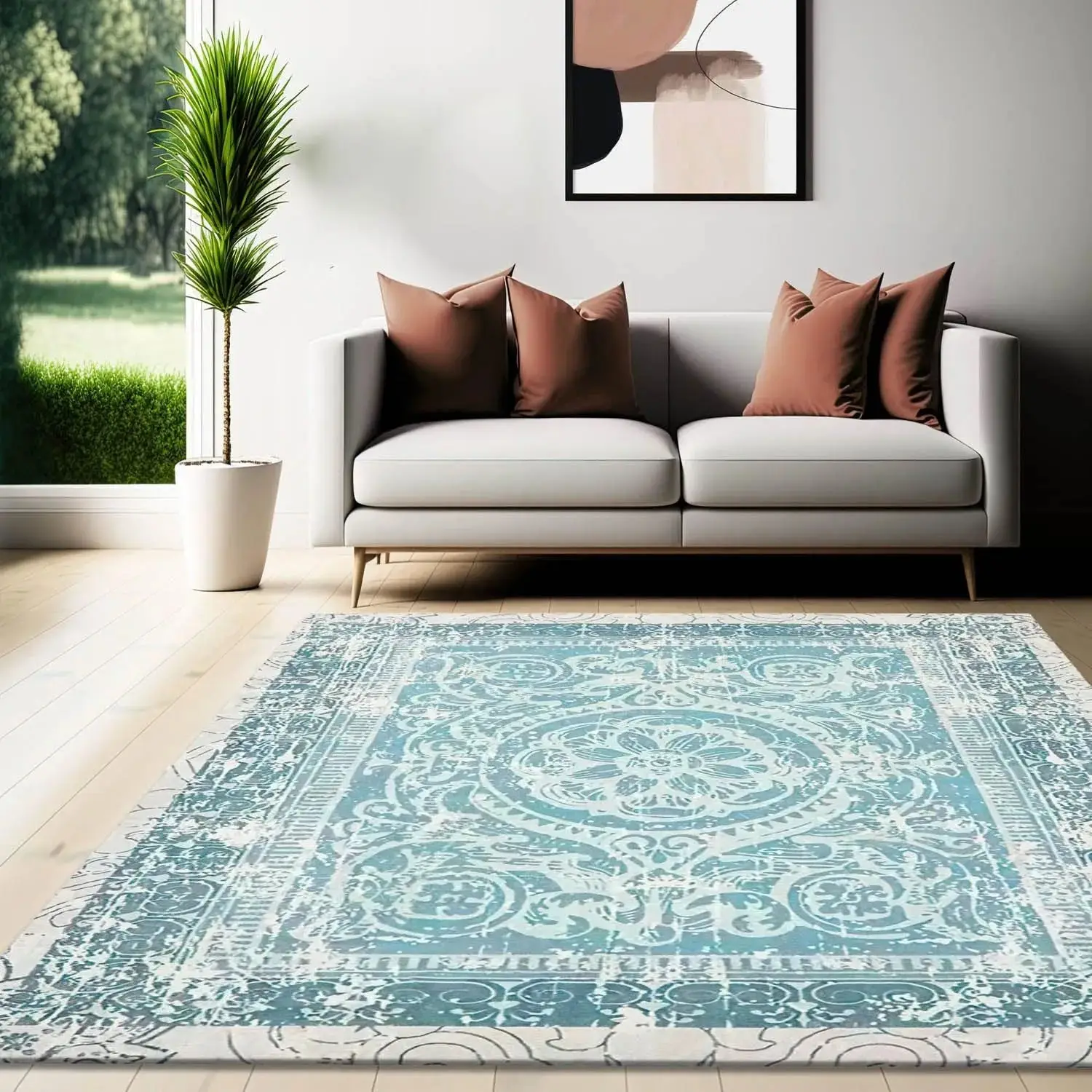 Multi Sizes Aqua, Beige Machine Made Modern & Contemporary Velvety Soft Pile Tibetan Oriental Area Rug