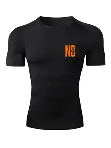 Men's NO LIMITS Letter Print Short Sleeve Compression Shirt, Gym Workout Fitness Running T-Shirt Tees, Tight-Fitting Sporty Rash Guard Baselayers Undershirts, Summer Quick-Dry Breathable Round Neck Shirt