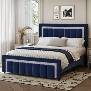 Twin/ Full/ Queen/ King Bed Frame With Headboard And Footboard, Velvet Upholstered Platform Bed Frame With Diamond Design, No Box Spring Needed, Easy Assembly, Black/ White/ Pink/ Blue/ Green, Twin/ Full/ Queen/ King