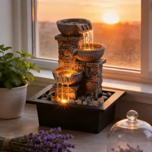 Healing three-layer bowl-shaped resin tabletop fountain paired with an LED ambient light, featuring nine layered water streams that create serene water sounds—an ideal Zen-inspired indoor decor piece for home or office.