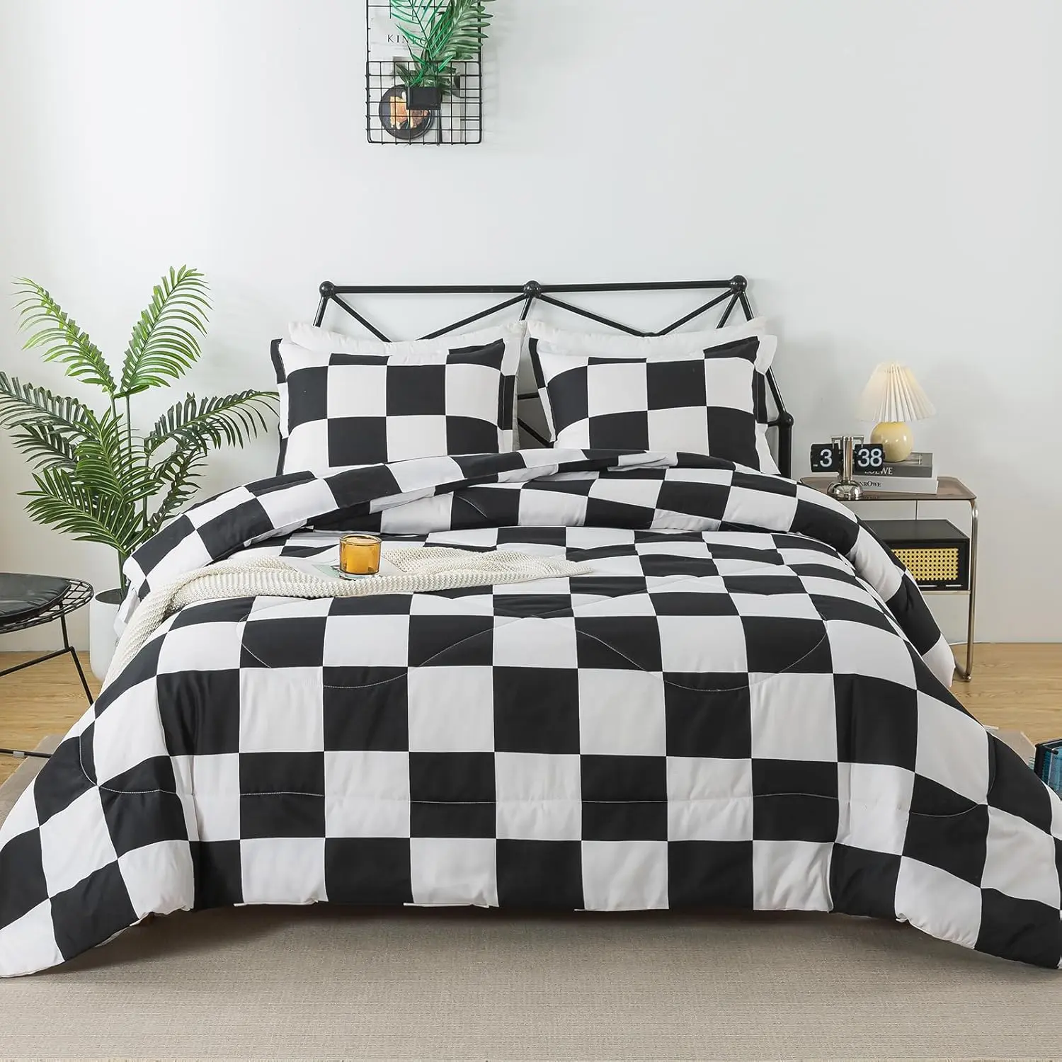 Black White Comforter Set Full Size, 3 count Buffalo Plaid Comforter Bedding Set, Checkered Grid Fluffy Home Decor for All Seasons