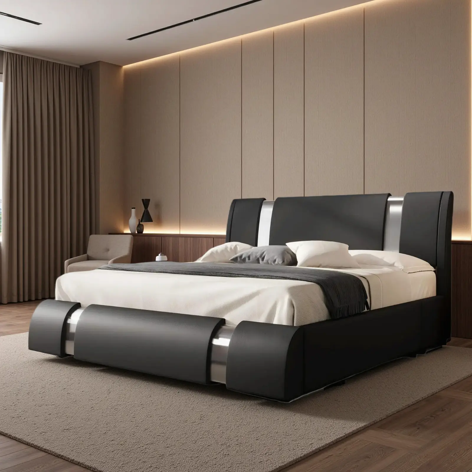 Allewie Queen/king Size Platform Bed Frame with Iron Piece Decor, 【Frame Only No Mattress】Faux Leather Upholstered Bed with Curved Adjustable Headboar