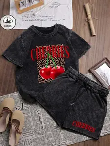 Women's Cotton Short Sleeve Fitted Shorts Set, Tops, Outfit, Casual Fashion, Daily Vacation Outdoor Wear, Autumn Women's Clothing, Womenswear, Letter Leopard Cherry Print Tee