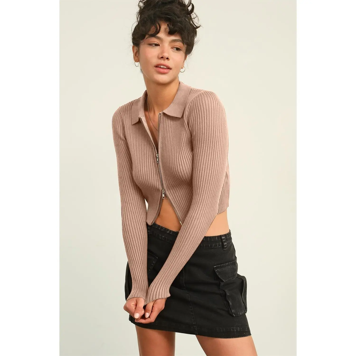 HYFVE Ribbed Double Zip Cropped Cardigan