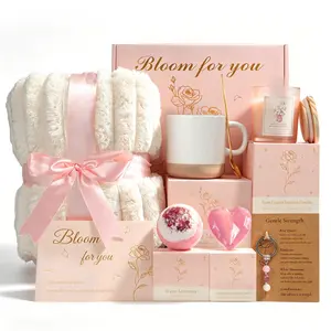 Gift Basket for Women: Self Care Ralaxing Gifts Box Ideas for Bestie Pink SPA Set with Blanket for Her Mom Sister Daughter Mother's Day