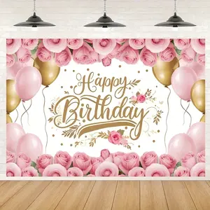 Happy Birthday Banner Decoration, Roses & Golden Balloons, Photography Background, Party Decor, Wedding, Baptism, Photo Backdrop