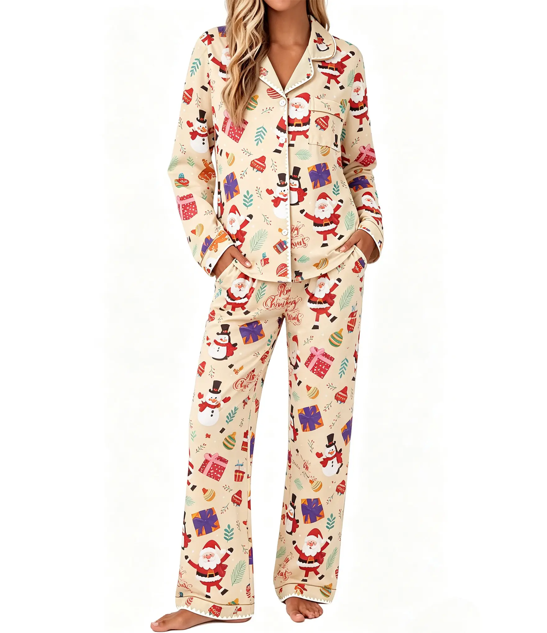 Women's 2-Piece Strawberry Print Long-Sleeved Pajama Set - Button Front Top, Pocket Detail Pants, Soft Knit Casual Basics, All-Season Festive Christmas Gift for Home & Sleep