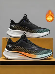 1 Pair Multi-color Fleece-lined Stylish Sneakers - Comfortable Upper + Elastic Outsole + Warm Lining, For Autumn/Winter Daily Wear & Light Sports, Comfortable & Versatile