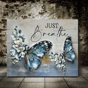 1 Piece Wooden Frame Canvas Painting Farmhouse Blue Butterfly Flower Canvas Poster Vintage Rustic Country Butterfly Just Breathing Picture Office Bathroom Living Room Decoration Canvas Wall Art Decoration with Frame Ready to Hang Gift for Her or Him