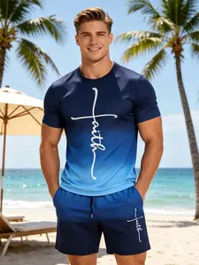 Men's Blue Gradient "Faith" 2-Piece Loungewear Set - Crew Neck T-Shirt & Drawstring Shorts, Ultra-Soft Breathable Fabric, Relaxed Fit for At-Home Lounging, Sleeping & Lazy Weekends, Nightwear