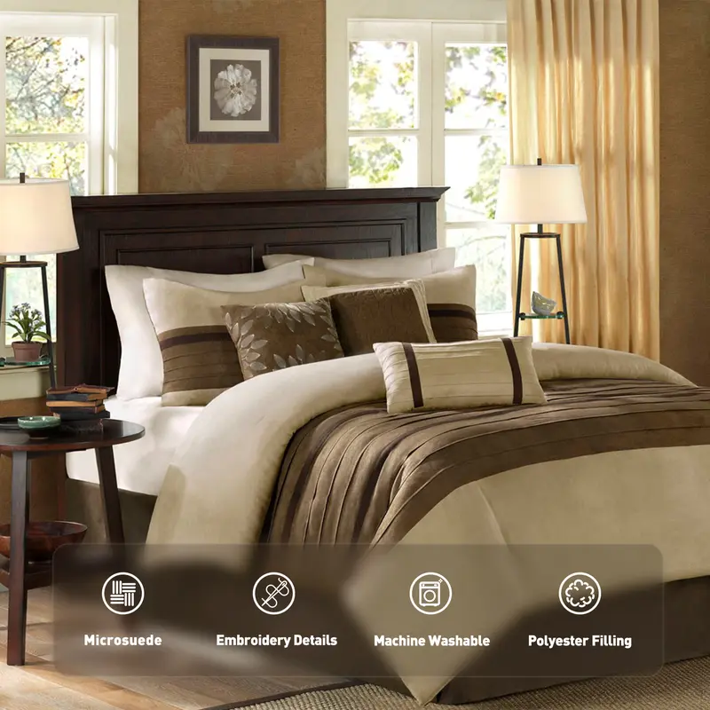 Madison Park Palmer 7 Piece Comforter Set - Pieced Microsuede with Embroidery Details