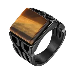 Vintage Men's Ring Tiger Eye Stone Punk Classic Black Color Ring Male Stainless Steel Ring Bijoux Aneis Jewelry Gift