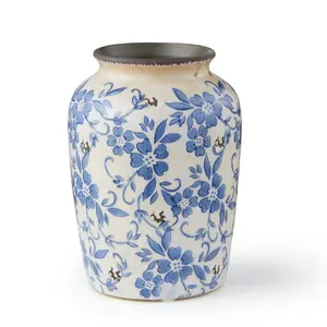 Vintage Blue Floral Ceramic Vase – Crackle Glaze Farmhouse Decorative Jar | Rustic Chinoiserie Home Decor Accent