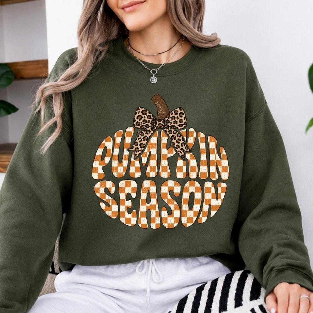 Pumpkin Season Sweatshirt, Leopard Bow Pumpkin Graphic Crewneck, Orange Gingham Fall Pullover, Cute Autumn Harvest Shirt, Thanksgiving Pumpkin Patch Outfit, Cozy Fall Vibe Aesthetic Apparel, Spooky Season Thanksgiving Day Gift for Women