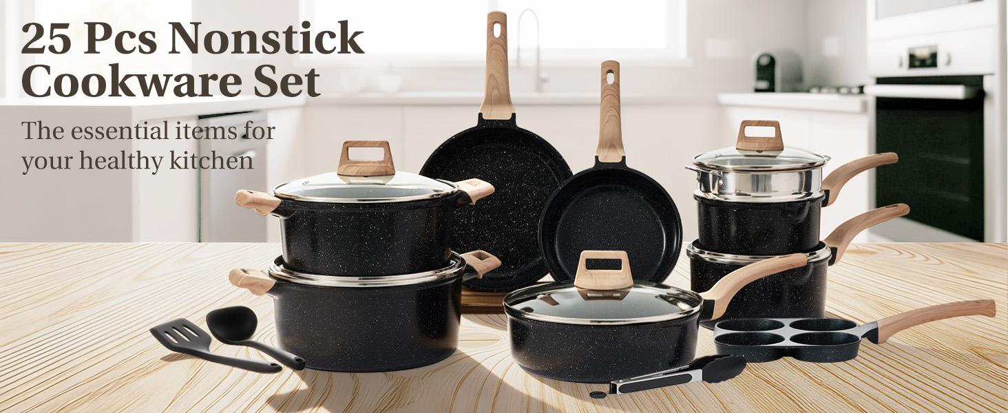 25-Piece Non-Stick Ceramic Granite Cookware Set with Stay-Cool Handles, Induction Compatible Pots and Pans Set for Healthy Cooking