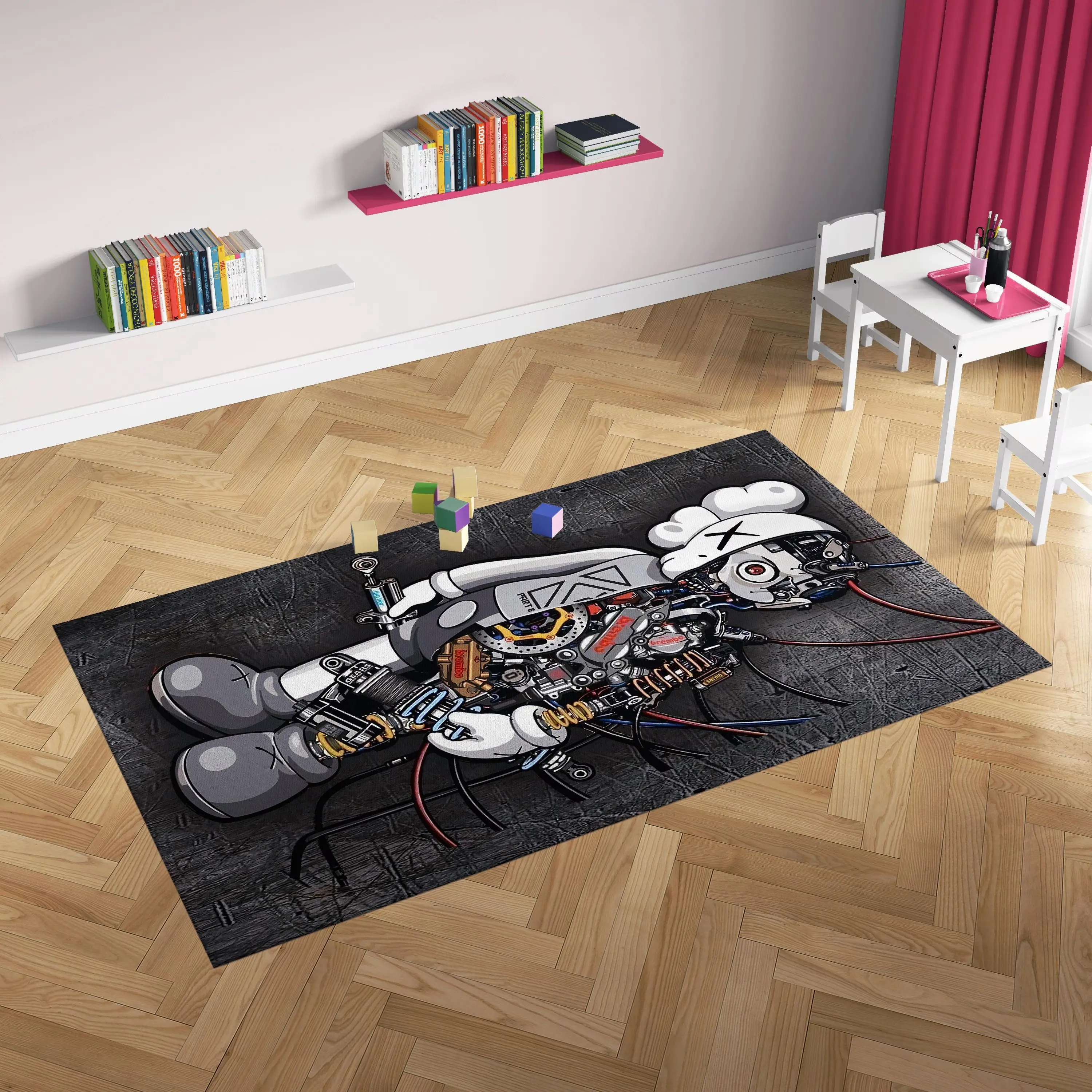 Kaws-Style Mecha Robot Area Rug, Streetwear-Themed Decor for Gamers