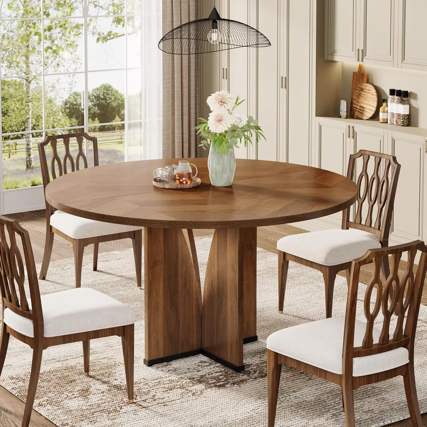 LITTLE TREE Round Dining Table Wood Kitchen Table for Dining Room Living Room, 39.37" Dining Table for 4 People, Farmhouse Dinner Table with Wooden Table Top and Legs(Without Chair)